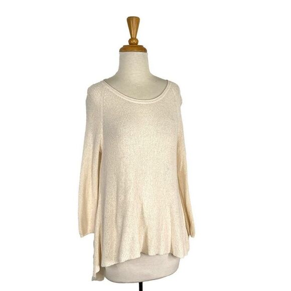 Anthropologie Moth S Cream Knit Top Sweater Split Back Sheer Chiffon Boho Bohemi - Picture 2 of 6